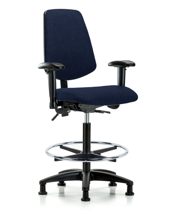 Blue Ridge Ergonomics FHBCH-MB-RG-T1-A1-CF-RG-F45 Rutledge Fabric Chair - High Bench Height with Medium Back, Seat Tilt, Adjustable Arms, Chrome Foot Ring, & Stationary Glides in Navy Fabric