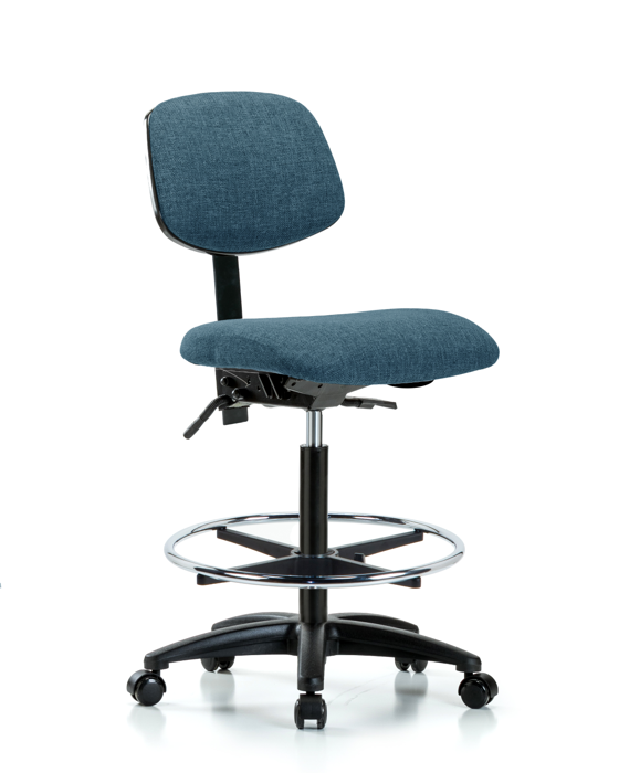 Blue Ridge Ergonomics FHBCH-RG-T0-A0-CF-RC-F43 Rutledge Fabric Chair - High Bench Height with Chrome Foot Ring & Casters in Blue Fabric