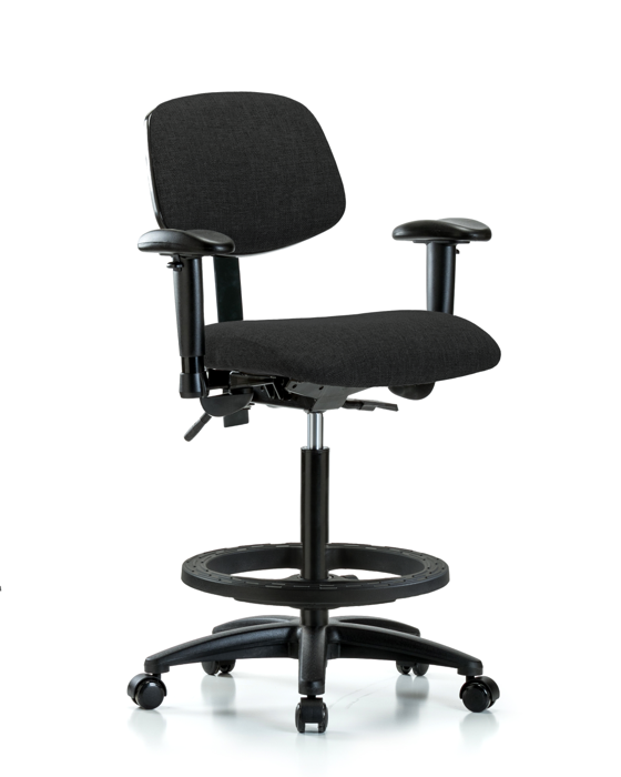 Blue Ridge Ergonomics FHBCH-RG-T0-A1-BF-RC-F42 Rutledge Fabric Chair - High Bench Height with Adjustable Arms, Black Foot Ring, & Casters in Black Fabric