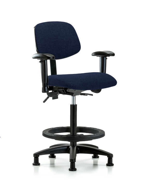 Blue Ridge Ergonomics FHBCH-RG-T0-A1-BF-RG-F45 Rutledge Fabric Chair - High Bench Height with Adjustable Arms, Black Foot Ring, & Stationary Glides in Navy Fabric