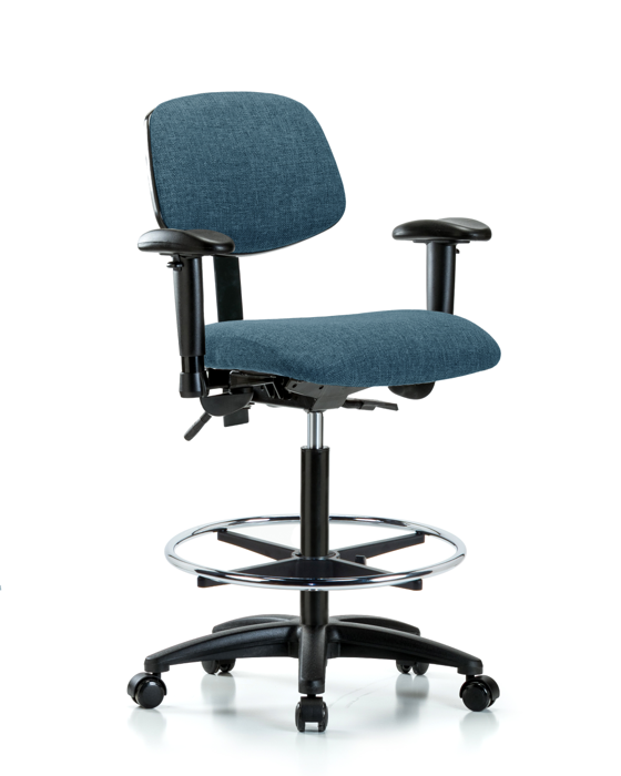 Blue Ridge Ergonomics FHBCH-RG-T0-A1-CF-RC-F43 Rutledge Fabric Chair - High Bench Height with Adjustable Arms, Chrome Foot Ring, & Casters in Blue Fabric