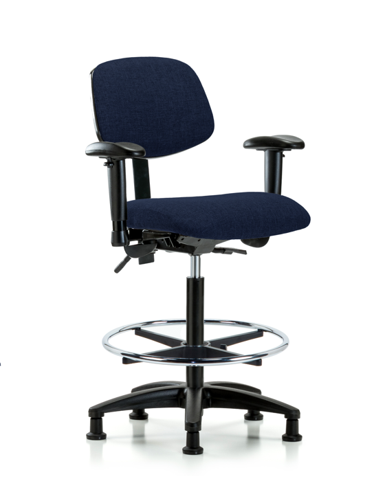 Blue Ridge Ergonomics FHBCH-RG-T0-A1-CF-RG-F45 Rutledge Fabric Chair - High Bench Height with Adjustable Arms, Chrome Foot Ring, & Stationary Glides in Navy Fabric