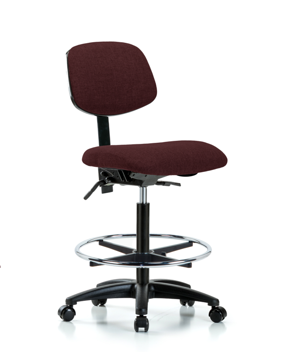 Blue Ridge Ergonomics FHBCH-RG-T1-A0-CF-RC-F41 Rutledge Fabric Chair - High Bench Height with Seat Tilt, Chrome Foot Ring, & Casters in Burgundy Fabric