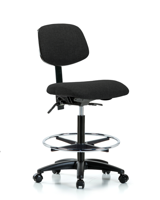 Blue Ridge Ergonomics FHBCH-RG-T1-A0-CF-RC-F42 Rutledge Fabric Chair - High Bench Height with Seat Tilt, Chrome Foot Ring, & Casters in Black Fabric