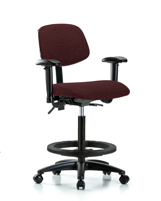 Blue Ridge Ergonomics FHBCH-RG-T1-A1-BF-RC-F41 Rutledge Fabric Chair - High Bench Height with Seat Tilt, Adjustable Arms, Black Foot Ring, & Casters in Burgundy Fabric