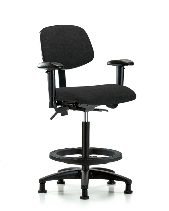 Blue Ridge Ergonomics FHBCH-RG-T1-A1-BF-RG-F42 Rutledge Fabric Chair - High Bench Height with Seat Tilt, Adjustable Arms, Black Foot Ring, & Stationary Glides in Black Fabric