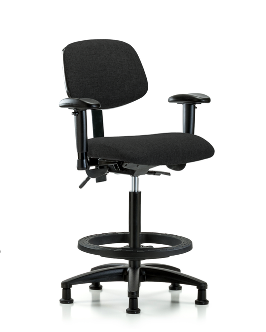 Blue Ridge Ergonomics FHBCH-RG-T1-A1-BF-RG-F42 Rutledge Fabric Chair - High Bench Height with Seat Tilt, Adjustable Arms, Black Foot Ring, & Stationary Glides in Black Fabric