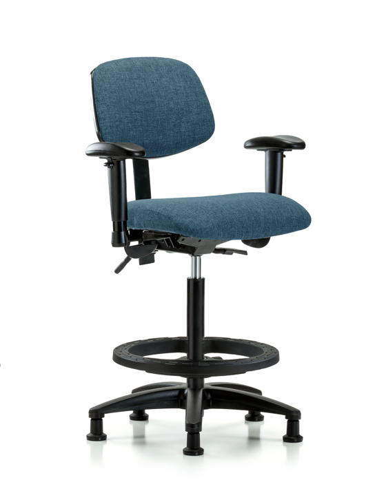 Blue Ridge Ergonomics FHBCH-RG-T1-A1-BF-RG-F43 Rutledge Fabric Chair - High Bench Height with Seat Tilt, Adjustable Arms, Black Foot Ring, & Stationary Glides in Blue Fabric