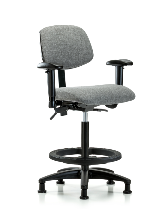 Blue Ridge Ergonomics FHBCH-RG-T1-A1-BF-RG-F44 Rutledge Fabric Chair - High Bench Height with Seat Tilt, Adjustable Arms, Black Foot Ring, & Stationary Glides in Gray Fabric