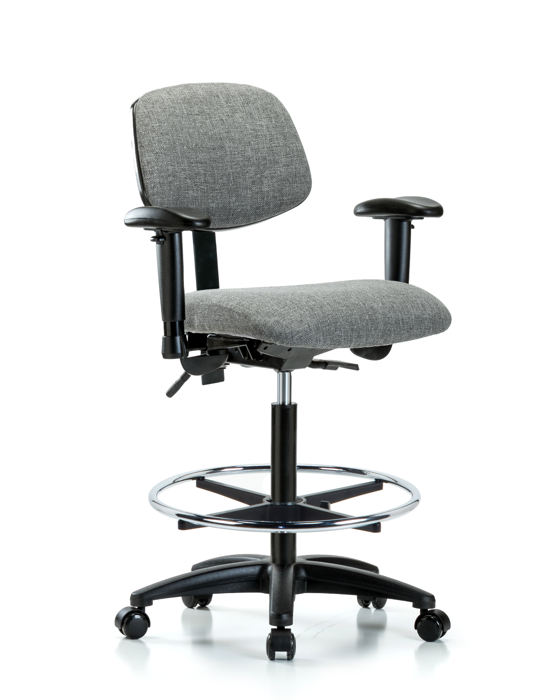 Blue Ridge Ergonomics FHBCH-RG-T1-A1-CF-RC-F44 Rutledge Fabric Chair - High Bench Height with Seat Tilt, Adjustable Arms, Chrome Foot Ring, & Casters in Gray Fabric