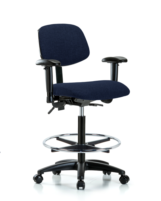 Blue Ridge Ergonomics FHBCH-RG-T1-A1-CF-RC-F45 Rutledge Fabric Chair - High Bench Height with Seat Tilt, Adjustable Arms, Chrome Foot Ring, & Casters in Navy Fabric