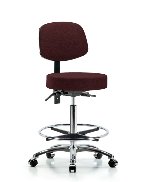 Blue Ridge Ergonomics FHBST-CR-T0-CF-CC-F41 Rutledge Fabric Stool with Back Chrome - High Bench Height with Chrome Foot Ring & Casters in Burgundy Fabric
