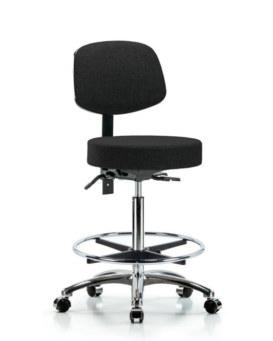 Blue Ridge Ergonomics FHBST-CR-T0-CF-CC-F42 Rutledge Fabric Stool with Back Chrome - High Bench Height with Chrome Foot Ring & Casters in Black Fabric