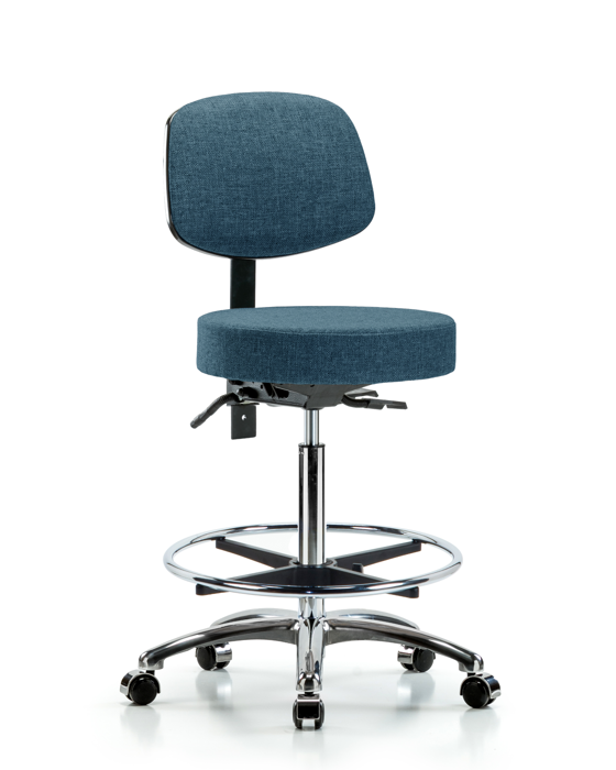 Blue Ridge Ergonomics FHBST-CR-T0-CF-CC-F43 Rutledge Fabric Stool with Back Chrome - High Bench Height with Chrome Foot Ring & Casters in Blue Fabric
