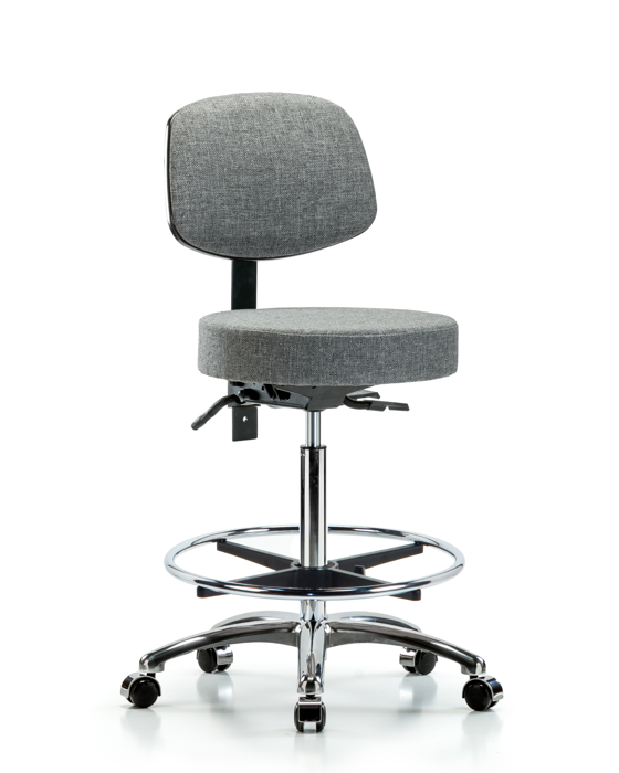 Blue Ridge Ergonomics FHBST-CR-T0-CF-CC-F44 Rutledge Fabric Stool with Back Chrome - High Bench Height with Chrome Foot Ring & Casters in Gray Fabric
