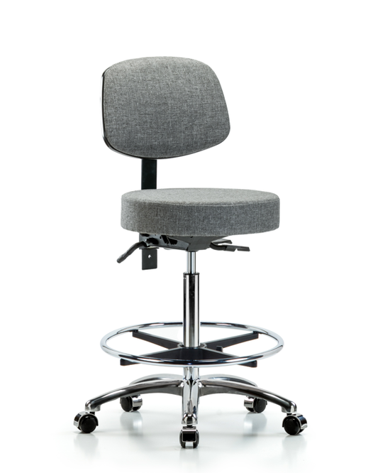 Blue Ridge Ergonomics FHBST-CR-T0-CF-CC-F44 Rutledge Fabric Stool with Back Chrome - High Bench Height with Chrome Foot Ring & Casters in Gray Fabric