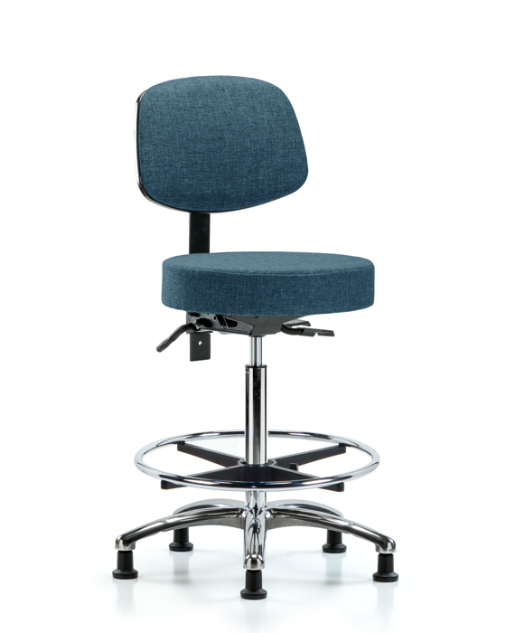 Blue Ridge Ergonomics FHBST-CR-T0-CF-RG-F43 Rutledge Fabric Stool with Back Chrome - High Bench Height with Chrome Foot Ring & Stationary Glides in Blue Fabric