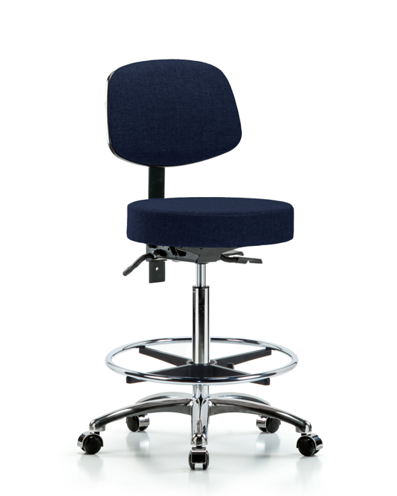 Blue Ridge Ergonomics FHBST-CR-T1-CF-CC-F45 Rutledge Fabric Stool with Back Chrome - High Bench Height with Seat Tilt, Chrome Foot Ring, & Casters in Navy Fabric
