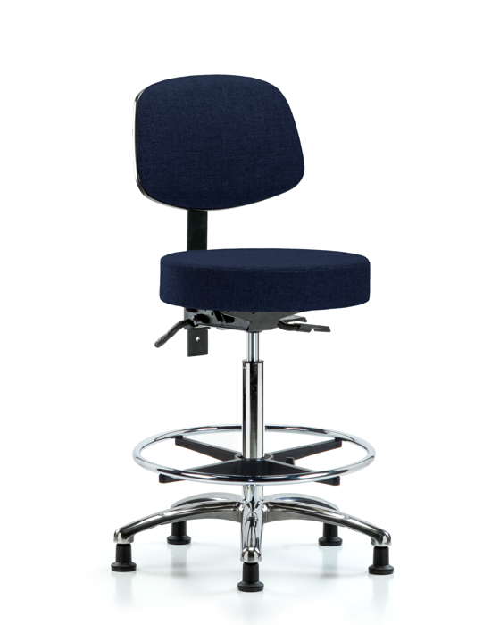 Blue Ridge Ergonomics FHBST-CR-T1-CF-RG-F45 Rutledge Fabric Stool with Back Chrome - High Bench Height with Seat Tilt, Chrome Foot Ring, & Stationary Glides in Navy Fabric