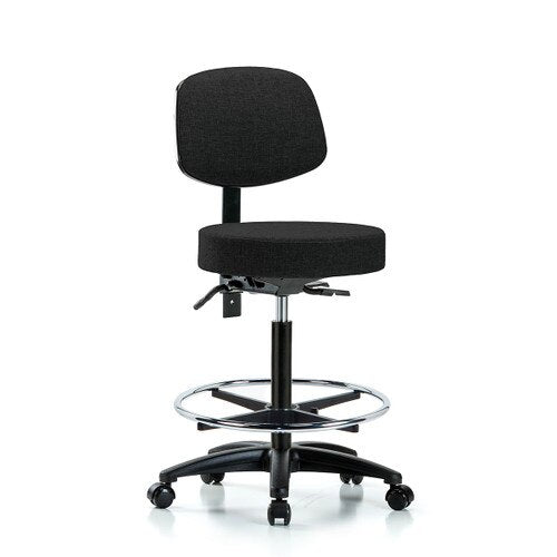 Blue Ridge Ergonomics FHBST-RG-T0-CF-RC-F42 Rutledge Fabric Stool with Back - High Bench Height with Chrome Foot Ring & Casters in Black Fabric