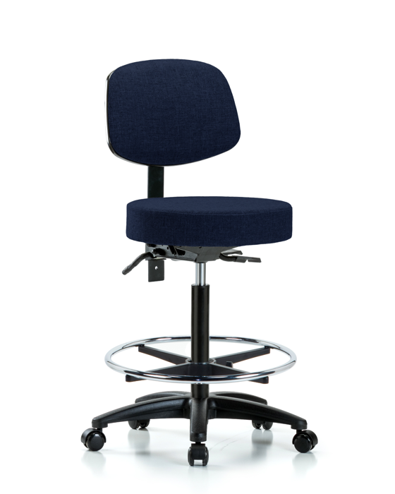 Blue Ridge Ergonomics FHBST-RG-T0-CF-RC-F45 Rutledge Fabric Stool with Back - High Bench Height with Chrome Foot Ring & Casters in Navy Fabric