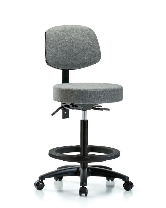 Blue Ridge Ergonomics FHBST-RG-T1-BF-RC-F44 Rutledge Fabric Stool with Back - High Bench Height with Seat Tilt, Black Foot Ring, & Casters in Gray Fabric