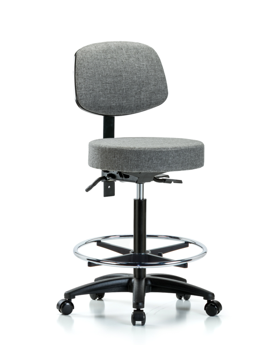 Blue Ridge Ergonomics FHBST-RG-T1-CF-RC-F44 Rutledge Fabric Stool with Back - High Bench Height with Seat Tilt, Chrome Foot Ring, & Casters in Gray Fabric