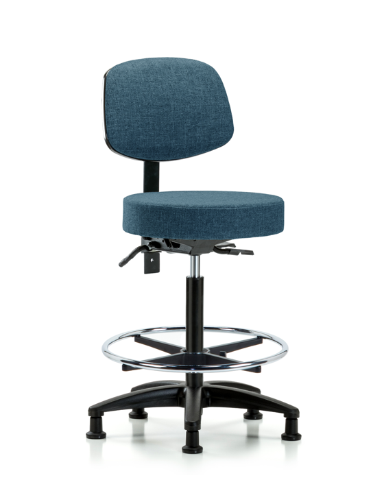 Blue Ridge Ergonomics FHBST-RG-T1-CF-RG-F43 Rutledge Fabric Stool with Back - High Bench Height with Seat Tilt, Chrome Foot Ring, & Stationary Glides in Blue Fabric