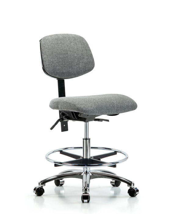 Blue Ridge Ergonomics FMBCH-CR-T0-A0-CF-CC-F44 Rutledge Fabric Chair Chrome - Medium Bench Height with Chrome Foot Ring & Casters in Gray Fabric