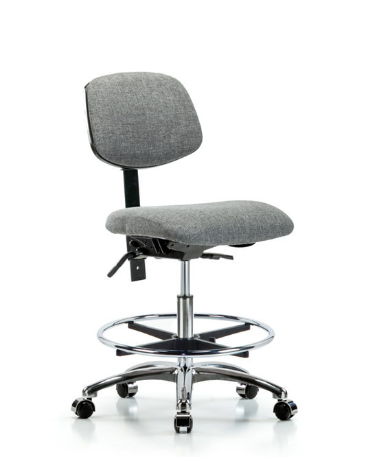 Blue Ridge Ergonomics FMBCH-CR-T0-A0-CF-CC-F44 Rutledge Fabric Chair Chrome - Medium Bench Height with Chrome Foot Ring & Casters in Gray Fabric