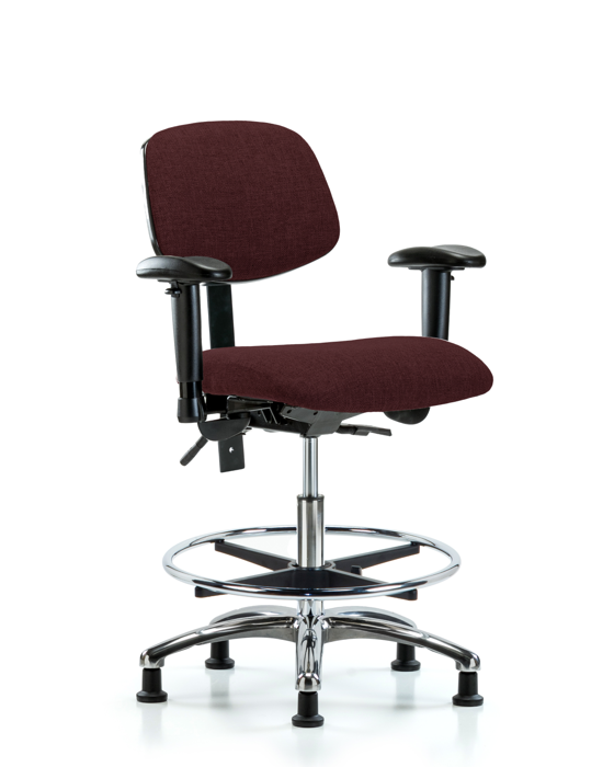 Blue Ridge Ergonomics FMBCH-CR-T0-A1-CF-RG-F41 Rutledge Fabric Chair Chrome - Medium Bench Height with Adjustable Arms, Chrome Foot Ring, & Stationary Glides in Burgundy Fabric