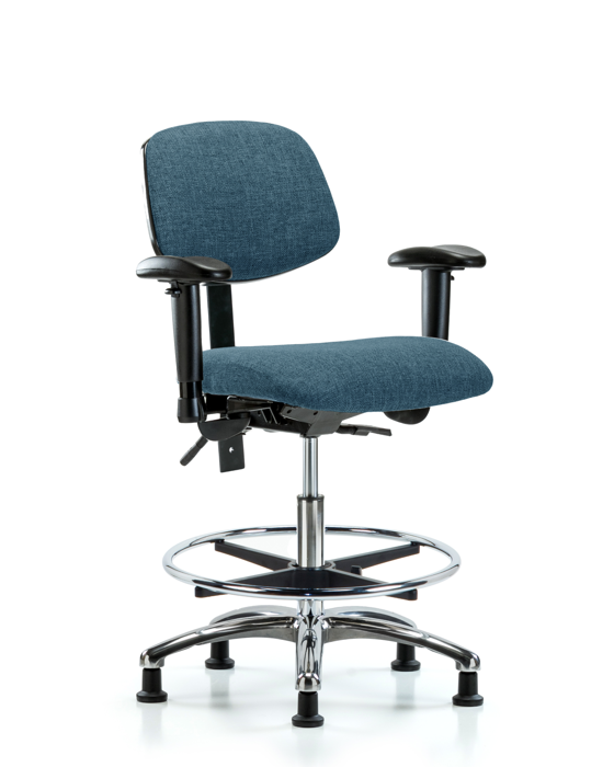 Blue Ridge Ergonomics FMBCH-CR-T0-A1-CF-RG-F43 Rutledge Fabric Chair Chrome - Medium Bench Height with Adjustable Arms, Chrome Foot Ring, & Stationary Glides in Blue Fabric