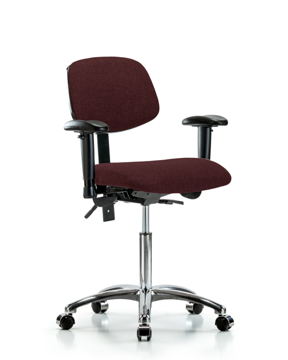 Blue Ridge Ergonomics FMBCH-CR-T0-A1-NF-CC-F41 Rutledge Fabric Chair Chrome - Medium Bench Height with Adjustable Arms & Casters in Burgundy Fabric