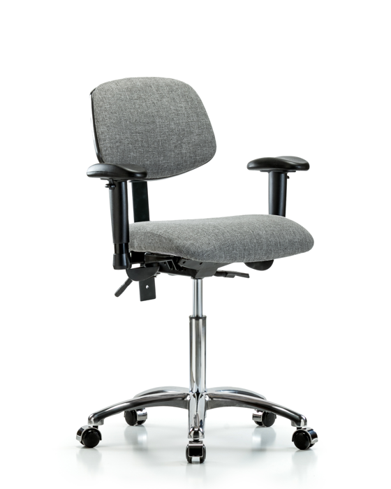 Blue Ridge Ergonomics FMBCH-CR-T0-A1-NF-CC-F44 Rutledge Fabric Chair Chrome - Medium Bench Height with Adjustable Arms & Casters in Gray Fabric