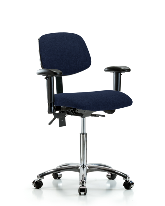 Blue Ridge Ergonomics FMBCH-CR-T0-A1-NF-CC-F45 Rutledge Fabric Chair Chrome - Medium Bench Height with Adjustable Arms & Casters in Navy Fabric