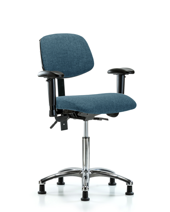 Blue Ridge Ergonomics FMBCH-CR-T0-A1-NF-RG-F43 Rutledge Fabric Chair Chrome - Medium Bench Height with Adjustable Arms & Stationary Glides in Blue Fabric