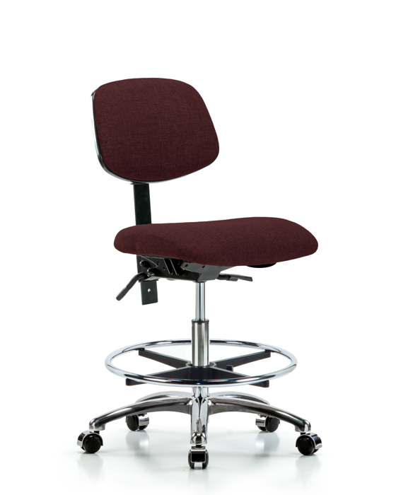 Blue Ridge Ergonomics FMBCH-CR-T1-A0-CF-CC-F41 Rutledge Fabric Chair Chrome - Medium Bench Height with Seat Tilt, Chrome Foot Ring, & Casters in Burgundy Fabric