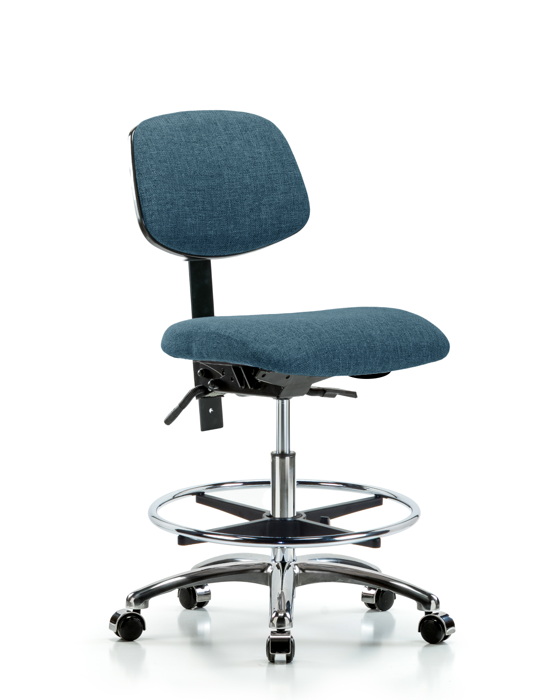 Blue Ridge Ergonomics FMBCH-CR-T1-A0-CF-CC-F43 Rutledge Fabric Chair Chrome - Medium Bench Height with Seat Tilt, Chrome Foot Ring, & Casters in Blue Fabric