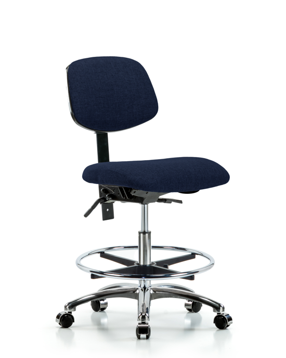 Blue Ridge Ergonomics FMBCH-CR-T1-A0-CF-CC-F45 Rutledge Fabric Chair Chrome - Medium Bench Height with Seat Tilt, Chrome Foot Ring, & Casters in Navy Fabric