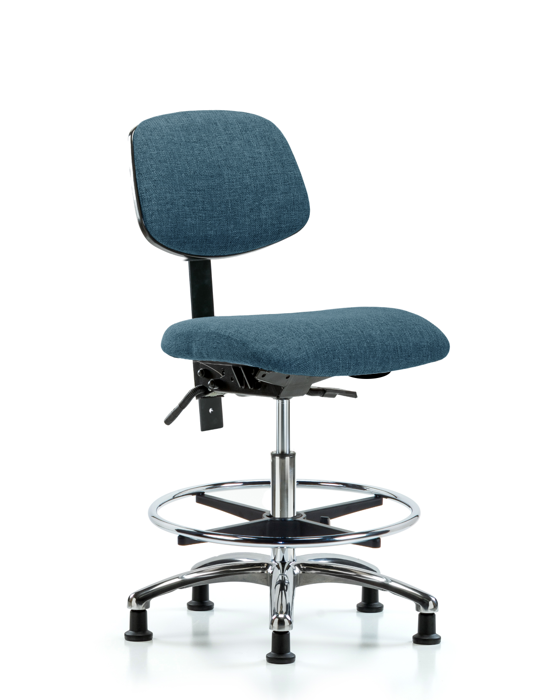 Blue Ridge Ergonomics FMBCH-CR-T1-A0-CF-RG-F43 Rutledge Fabric Chair Chrome - Medium Bench Height with Seat Tilt, Chrome Foot Ring, & Stationary Glides in Blue Fabric
