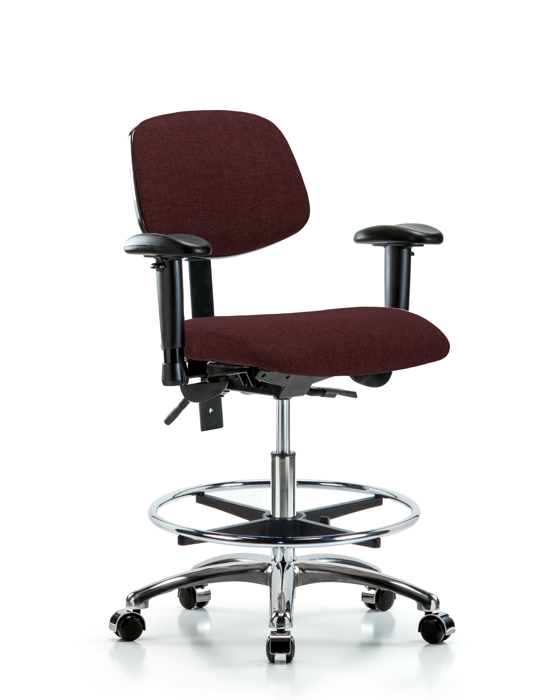 Blue Ridge Ergonomics FMBCH-CR-T1-A1-CF-CC-F41 Rutledge Fabric Chair Chrome - Medium Bench Height with Seat Tilt, Adjustable Arms, Chrome Foot Ring, & Casters in Burgundy Fabric