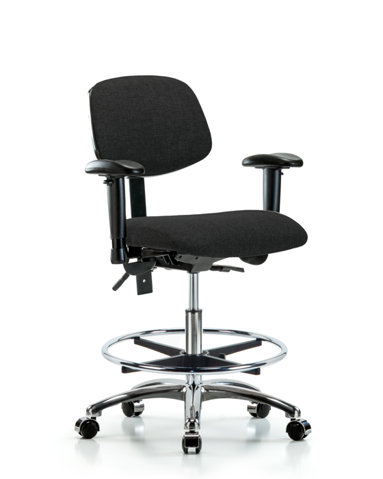 Blue Ridge Ergonomics FMBCH-CR-T1-A1-CF-CC-F42 Rutledge Fabric Chair Chrome - Medium Bench Height with Seat Tilt, Adjustable Arms, Chrome Foot Ring, & Casters in Black Fabric