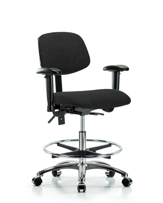 Blue Ridge Ergonomics FMBCH-CR-T1-A1-CF-CC-F42 Rutledge Fabric Chair Chrome - Medium Bench Height with Seat Tilt, Adjustable Arms, Chrome Foot Ring, & Casters in Black Fabric