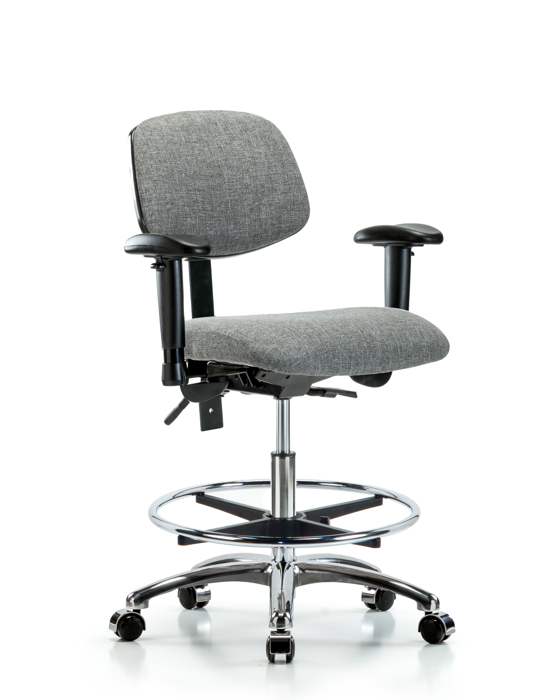 Blue Ridge Ergonomics FMBCH-CR-T1-A1-CF-CC-F44 Rutledge Fabric Chair Chrome - Medium Bench Height with Seat Tilt, Adjustable Arms, Chrome Foot Ring, & Casters in Gray Fabric