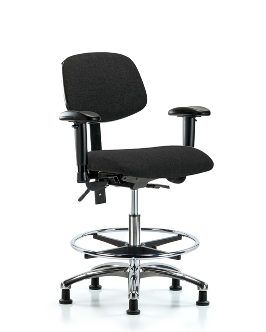 Blue Ridge Ergonomics FMBCH-CR-T1-A1-CF-RG-F42 Rutledge Fabric Chair Chrome - Medium Bench Height with Seat Tilt, Adjustable Arms, Chrome Foot Ring, & Stationary Glides in Black Fabric