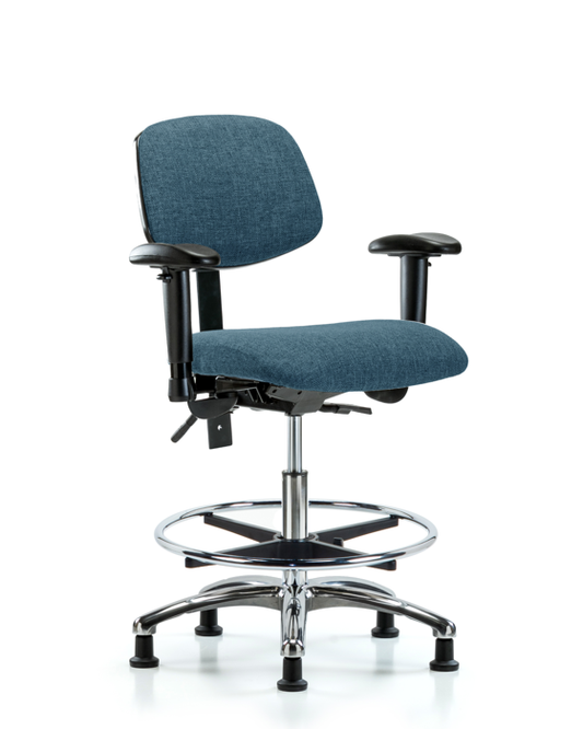 Blue Ridge Ergonomics FMBCH-CR-T1-A1-CF-RG-F43 Rutledge Fabric Chair Chrome - Medium Bench Height with Seat Tilt, Adjustable Arms, Chrome Foot Ring, & Stationary Glides in Blue Fabric