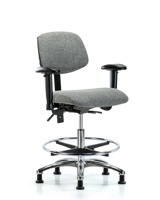 Blue Ridge Ergonomics FMBCH-CR-T1-A1-CF-RG-F44 Rutledge Fabric Chair Chrome - Medium Bench Height with Seat Tilt, Adjustable Arms, Chrome Foot Ring, & Stationary Glides in Gray Fabric