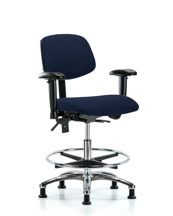 Blue Ridge Ergonomics FMBCH-CR-T1-A1-CF-RG-F45 Rutledge Fabric Chair Chrome - Medium Bench Height with Seat Tilt, Adjustable Arms, Chrome Foot Ring, & Stationary Glides in Navy Fabric