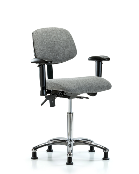 Blue Ridge Ergonomics FMBCH-CR-T1-A1-NF-RG-F44 Rutledge Fabric Chair Chrome - Medium Bench Height with Seat Tilt, Adjustable Arms, & Stationary Glides in Gray Fabric