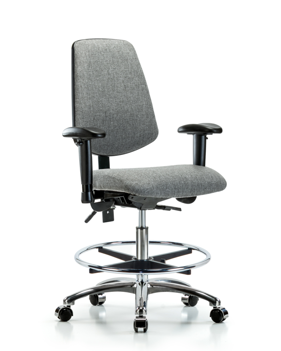 Blue Ridge Ergonomics FMBCH-MB-CR-T0-A1-CF-CC-F44 Rutledge Fabric Chair Chrome - Medium Bench Height with Medium Back, Adjustable Arms, Chrome Foot Ring, & Casters in Gray Fabric